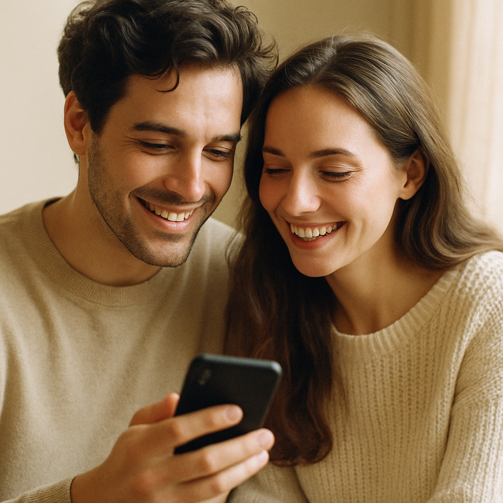A couple reading their phone together and smiling