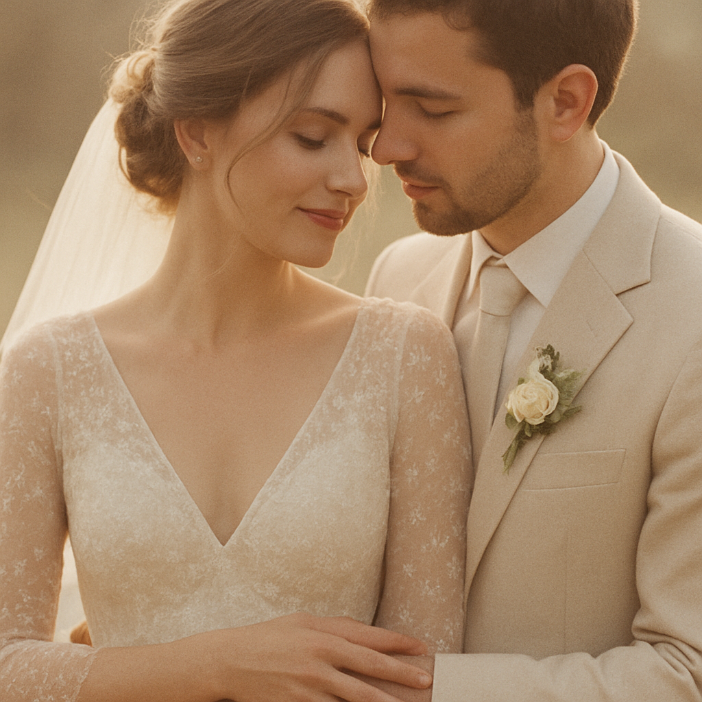 A bride and groom in soft natural light