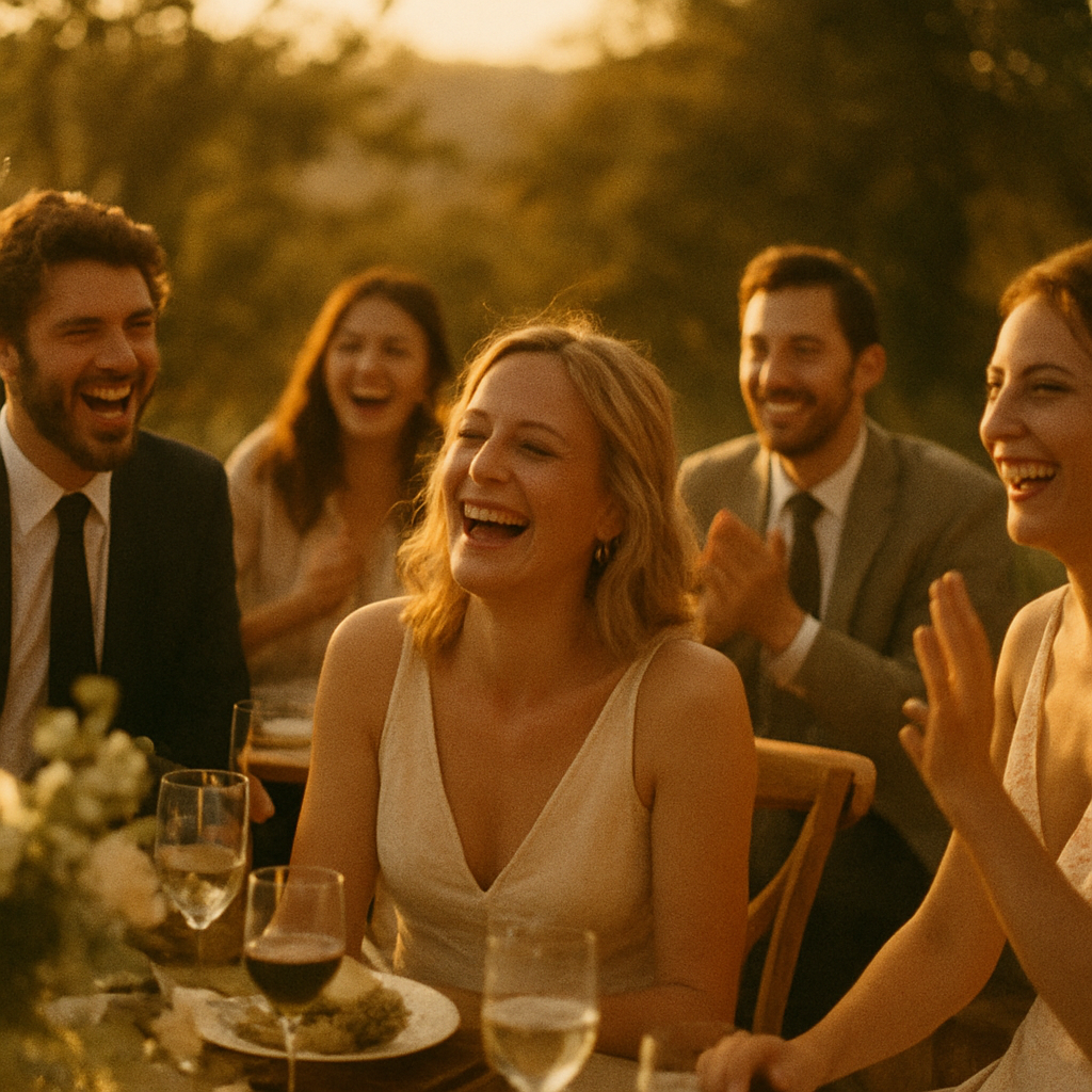Wedding guests laughing and celebrating together